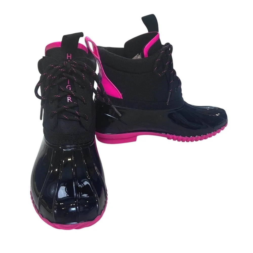 Tommy Hilfiger Haryett Duck Boots Black‎ Hot Pink Waterproof Rain Ankle Size 10M